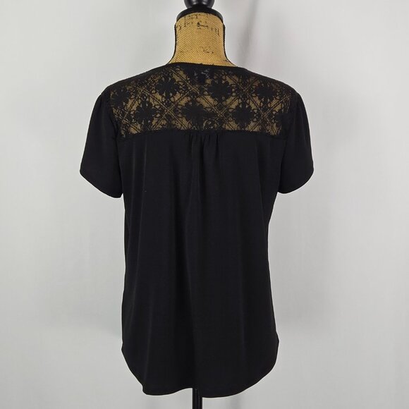 AUW Black Lace Blouse Large Date Night Cocktail Top‎ Flutter Sleeve Chic - Picture 3 of 11